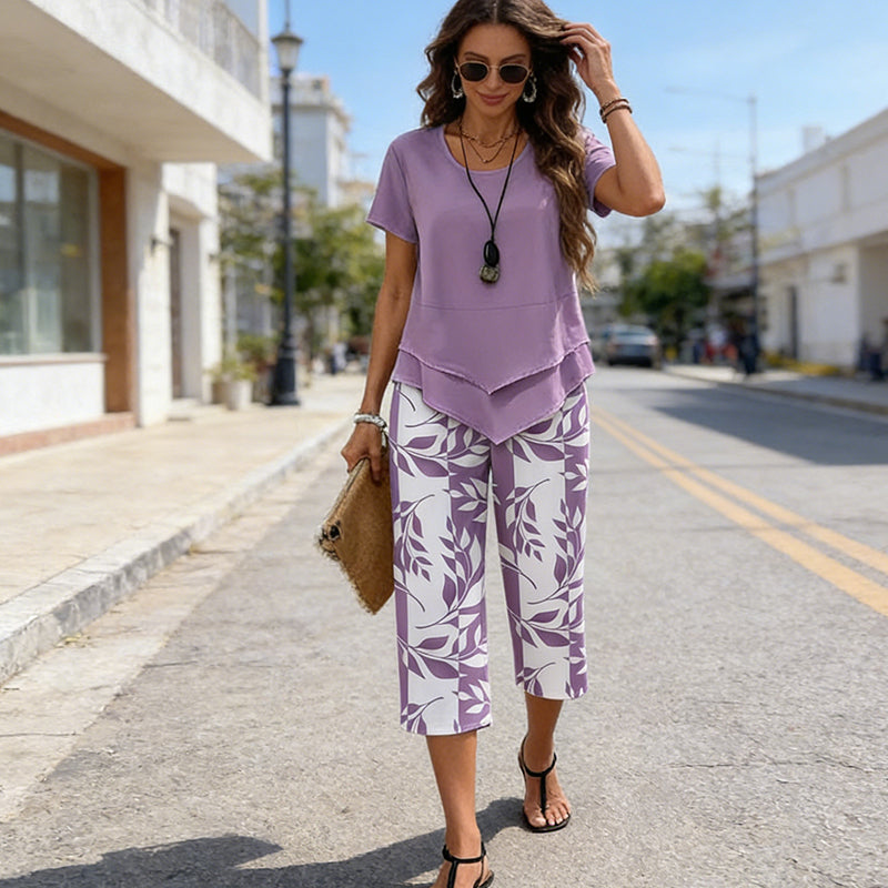 Casual Round Neck Layered Tunic Top and Wide Leg Pants Set