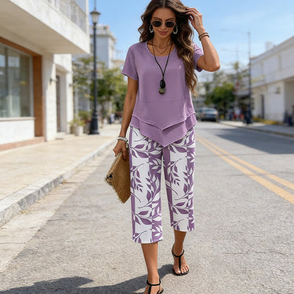 Casual Round Neck Layered Tunic Top and Wide Leg Pants Set