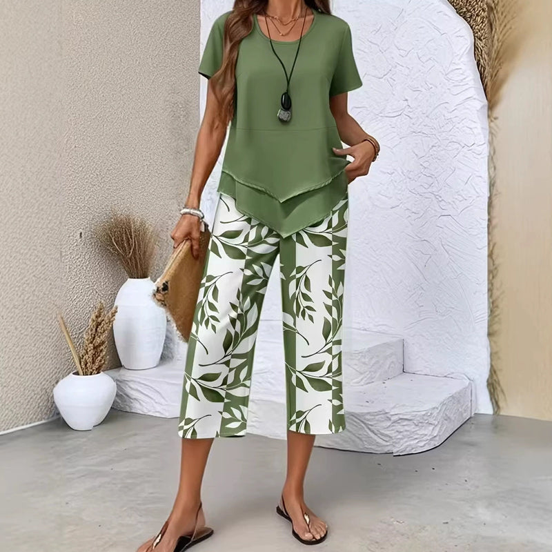 Casual Round Neck Layered Tunic Top and Wide Leg Pants Set