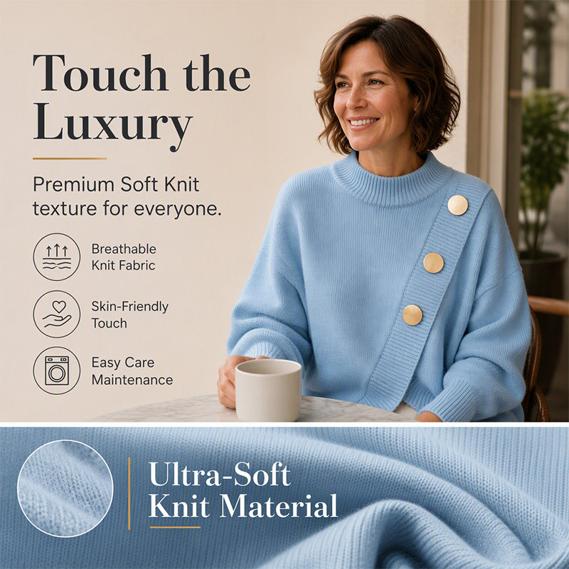 🧶Surprise Price: Only £26.99!!🔥🧣Mock Neck Warmth, Cozy Knit🧶 Women's Asymmetric Hem Mock Neck Knit Sweater – Soft & Skin-Friendly, Warm Coverage ✨