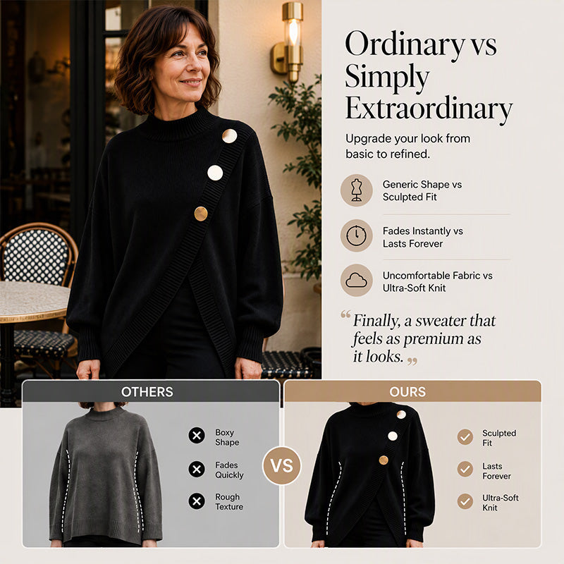 🧶Surprise Price: Only £26.99!!🔥🧣Mock Neck Warmth, Cozy Knit🧶 Women's Asymmetric Hem Mock Neck Knit Sweater – Soft & Skin-Friendly, Warm Coverage ✨
