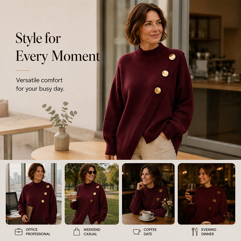 🧶Surprise Price: Only £26.99!!🔥🧣Mock Neck Warmth, Cozy Knit🧶 Women's Asymmetric Hem Mock Neck Knit Sweater – Soft & Skin-Friendly, Warm Coverage ✨