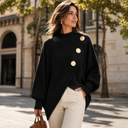 🧶Surprise Price: Only £26.99!!🔥🧣Mock Neck Warmth, Cozy Knit🧶 Women's Asymmetric Hem Mock Neck Knit Sweater – Soft & Skin-Friendly, Warm Coverage ✨