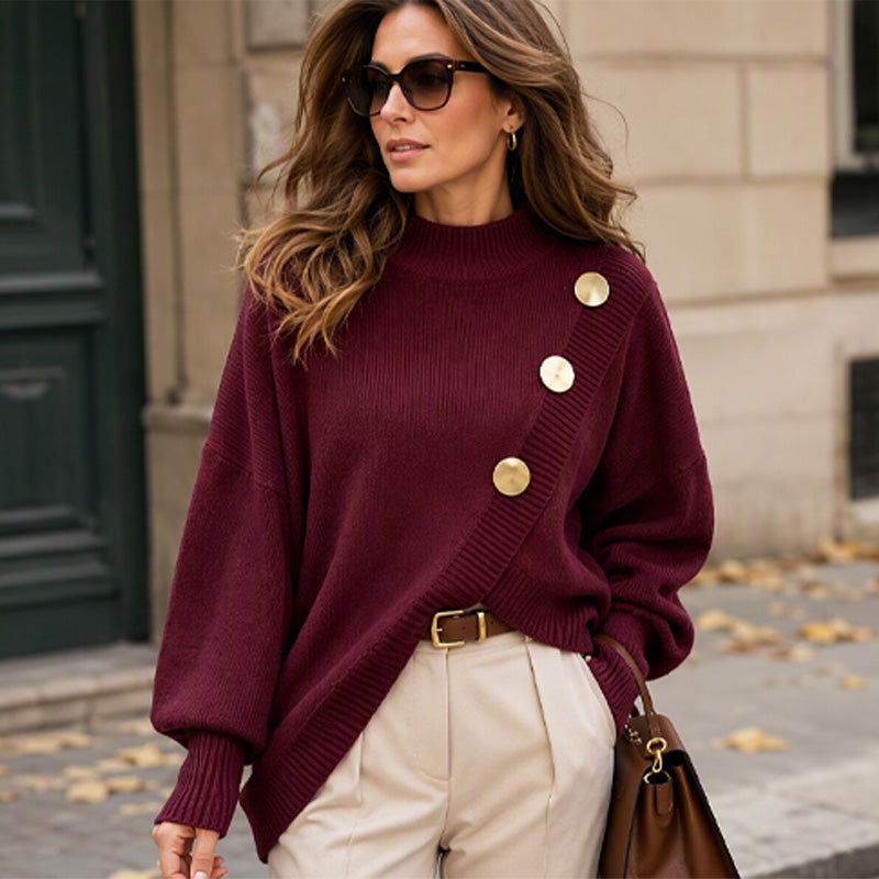 🧶Surprise Price: Only £26.99!!🔥🧣Mock Neck Warmth, Cozy Knit🧶 Women's Asymmetric Hem Mock Neck Knit Sweater – Soft & Skin-Friendly, Warm Coverage ✨