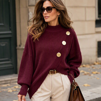 🧶Surprise Price: Only £26.99!!🔥🧣Mock Neck Warmth, Cozy Knit🧶 Women's Asymmetric Hem Mock Neck Knit Sweater – Soft & Skin-Friendly, Warm Coverage ✨