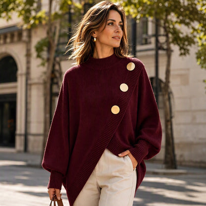 🧶Surprise Price: Only £26.99!!🔥🧣Mock Neck Warmth, Cozy Knit🧶 Women's Asymmetric Hem Mock Neck Knit Sweater – Soft & Skin-Friendly, Warm Coverage ✨