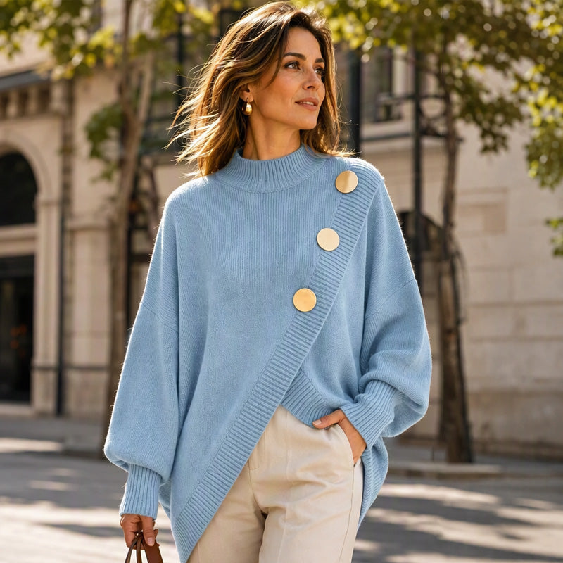 🧶Surprise Price: Only £26.99!!🔥🧣Mock Neck Warmth, Cozy Knit🧶 Women's Asymmetric Hem Mock Neck Knit Sweater – Soft & Skin-Friendly, Warm Coverage ✨