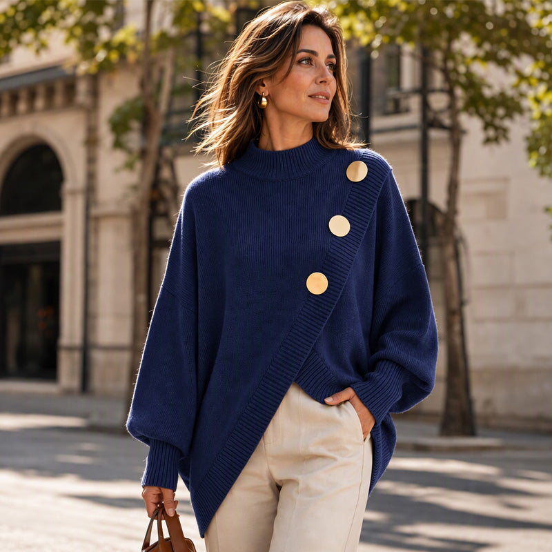 🧶Surprise Price: Only £26.99!!🔥🧣Mock Neck Warmth, Cozy Knit🧶 Women's Asymmetric Hem Mock Neck Knit Sweater – Soft & Skin-Friendly, Warm Coverage ✨
