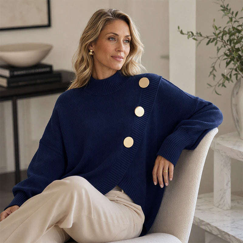 🧶Surprise Price: Only £26.99!!🔥🧣Mock Neck Warmth, Cozy Knit🧶 Women's Asymmetric Hem Mock Neck Knit Sweater – Soft & Skin-Friendly, Warm Coverage ✨