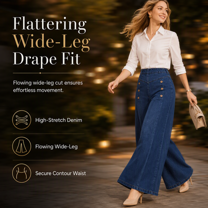 High Waisted Wide Leg Stretch Denim Jeans with Decorative Buttons