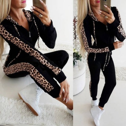 ✨Women's Leopard Print Long Sleeve Zipper Sweatshirt and Pants Set