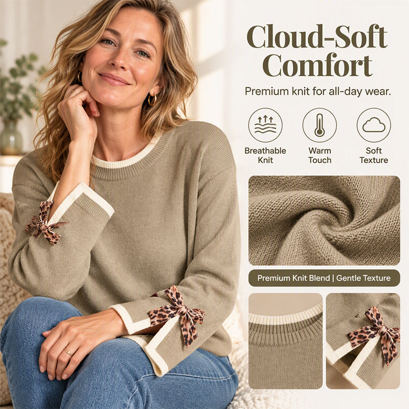 💕 Women's Crewneck Sweater with Leopard Bow Cuffs🧶 Cosy, Cute & Effortlessly Stylish!