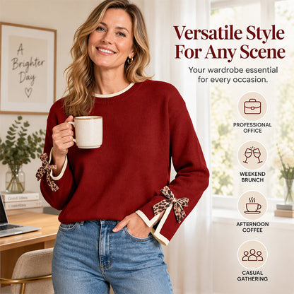 💕 Women's Crewneck Sweater with Leopard Bow Cuffs🧶 Cosy, Cute & Effortlessly Stylish!