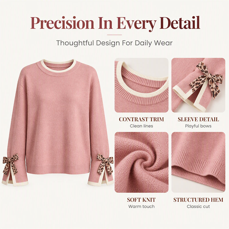 💕 Women's Crewneck Sweater with Leopard Bow Cuffs🧶 Cosy, Cute & Effortlessly Stylish!