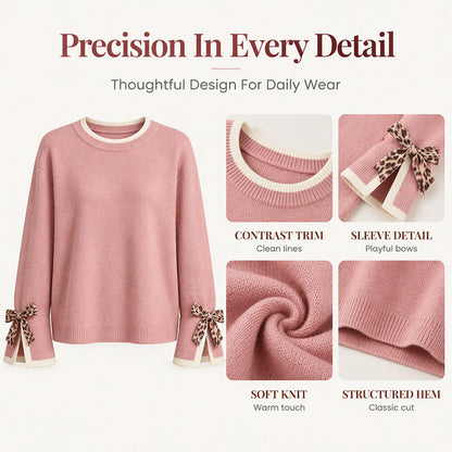 💕 Women's Crewneck Sweater with Leopard Bow Cuffs🧶 Cosy, Cute & Effortlessly Stylish!