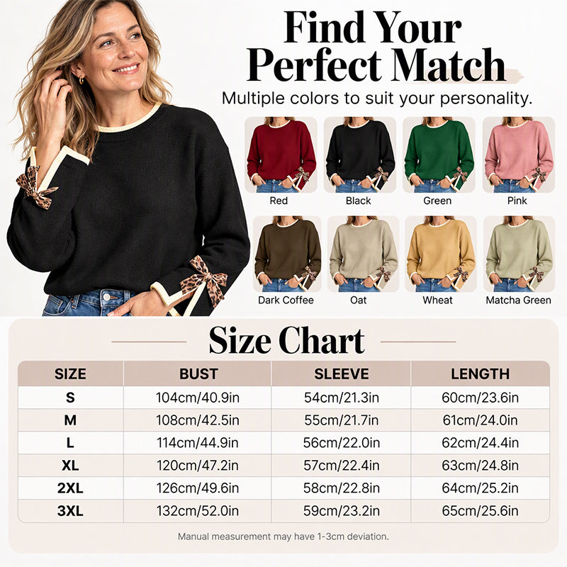💕 Women's Crewneck Sweater with Leopard Bow Cuffs🧶 Cosy, Cute & Effortlessly Stylish!