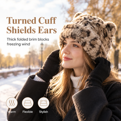 Women Fluffy Faux Mink Fur Beanie Hat with Cute Bear Ears Warm Winter Cold Weather Pullover Cap