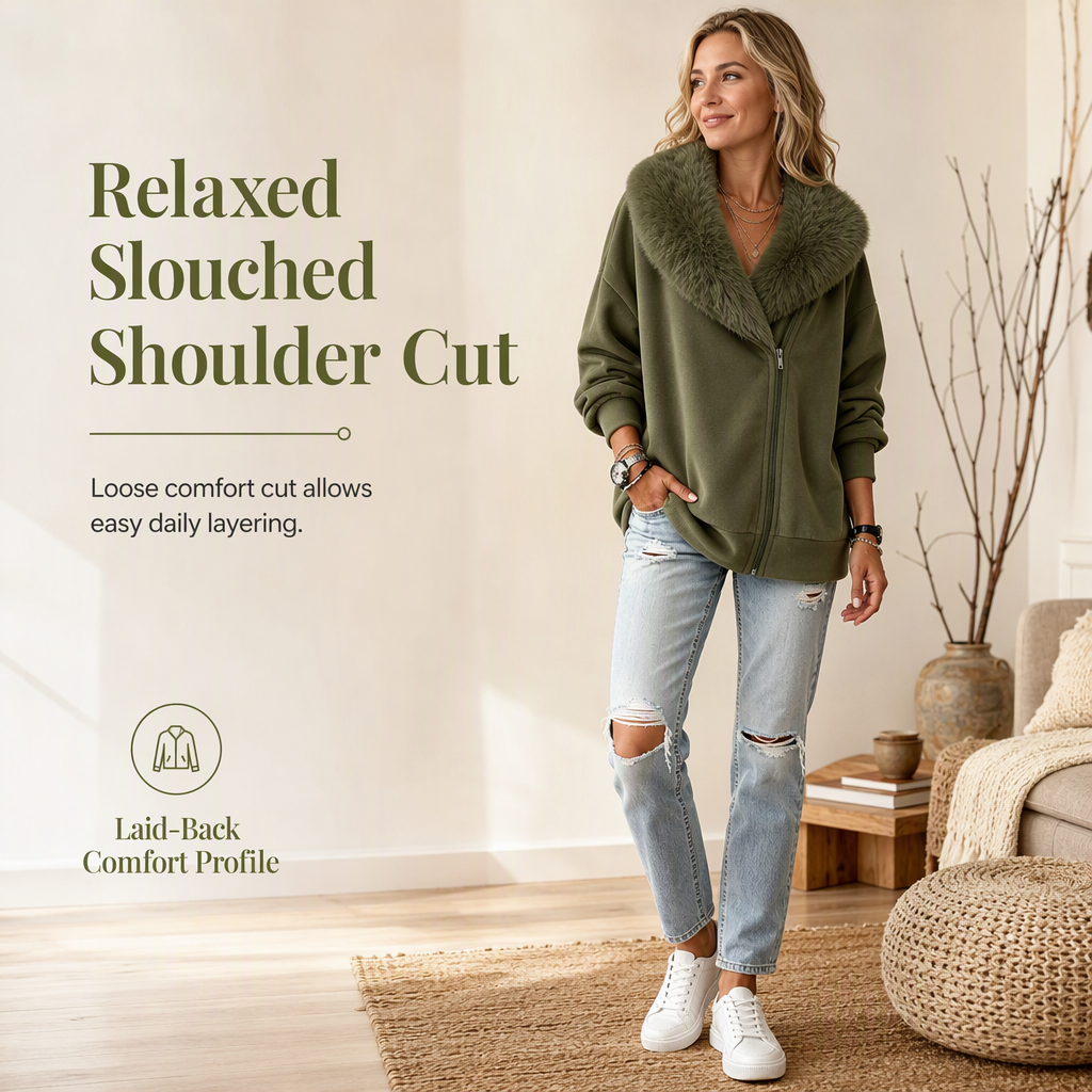 🧥 Soft Collar Accent, Eye-Catching Asymmetrical Detail | Women's Relaxed Fit Coat with Plush Faux Fur Collar and Asymmetrical Zipper