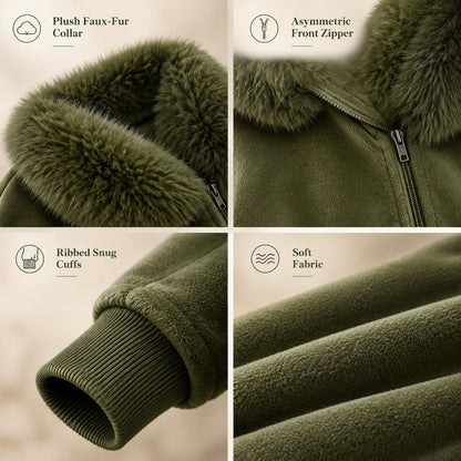 🧥 Soft Collar Accent, Eye-Catching Asymmetrical Detail | Women's Relaxed Fit Coat with Plush Faux Fur Collar and Asymmetrical Zipper