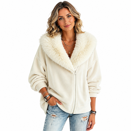 🧥 Soft Collar Accent, Eye-Catching Asymmetrical Detail | Women's Relaxed Fit Coat with Plush Faux Fur Collar and Asymmetrical Zipper
