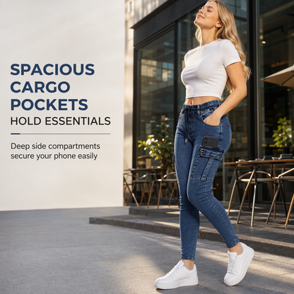 Women's High Waisted Elastic Drawstring Cargo Jeggings Skinny Denim Pants