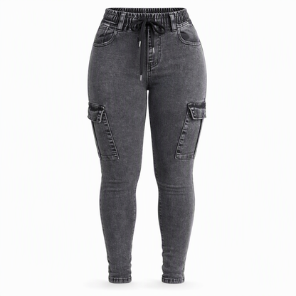 Women's High Waisted Elastic Drawstring Cargo Jeggings Skinny Denim Pants