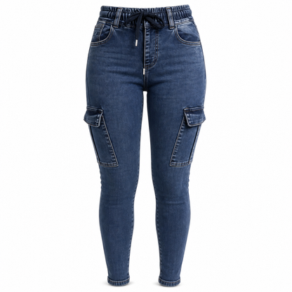 Women's High Waisted Elastic Drawstring Cargo Jeggings Skinny Denim Pants