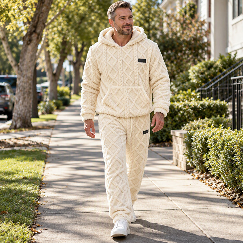 Men's Plush Jacquard Hooded Sweatshirt & Pants Set