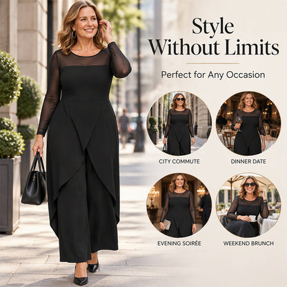 🌸 Women's Elegant Mesh Long Sleeve Jumpsuit with Wrap Overlay-Elegant Layers.