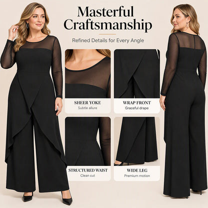 🌸 Women's Elegant Mesh Long Sleeve Jumpsuit with Wrap Overlay-Elegant Layers.