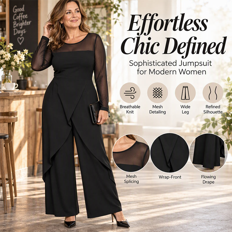🌸 Women's Elegant Mesh Long Sleeve Jumpsuit with Wrap Overlay-Elegant Layers.
