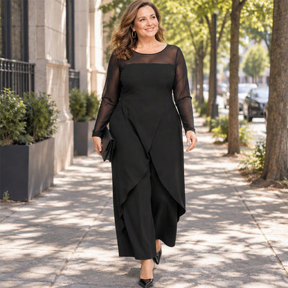🌸 Women's Elegant Mesh Long Sleeve Jumpsuit with Wrap Overlay-Elegant Layers.